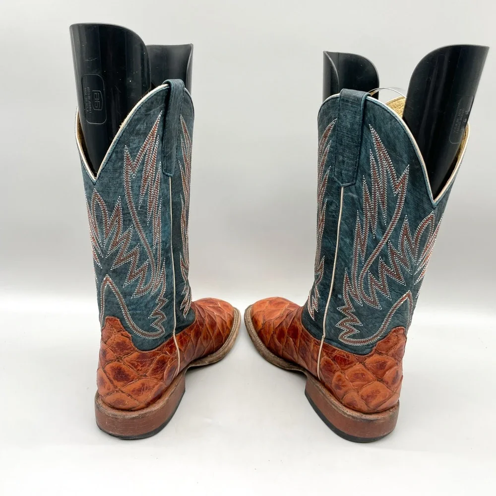 Horse Power Kids 5 Fish Scale Western Cowboy Boots Cognac Teal Leather SquareToe